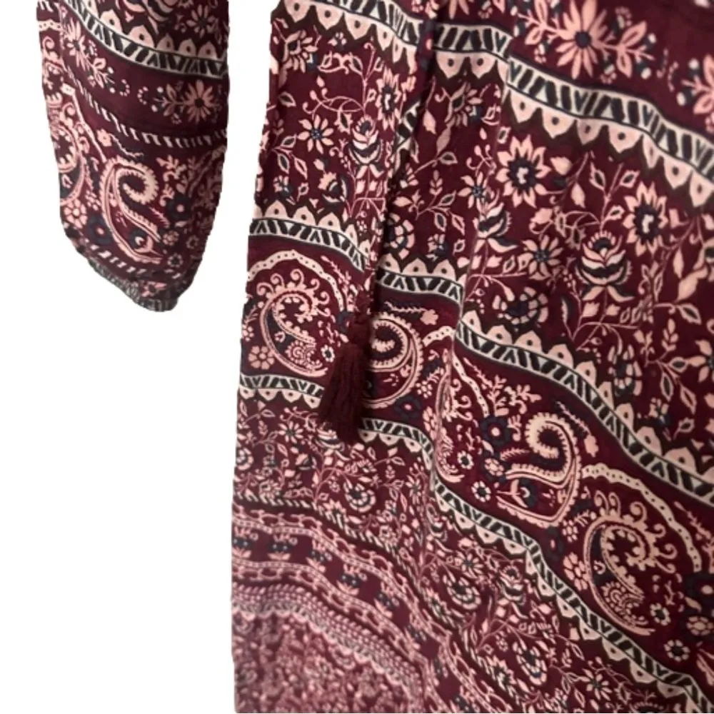 Luxology Boho Paisley Long Maxi Shift Dress Hippie Floral Burgundy Pink Medium - Image 4