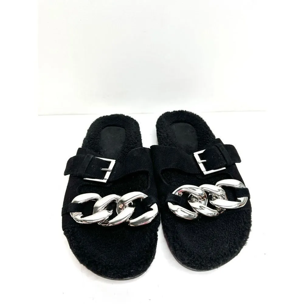 Marc Fisher Sandals Womens Size 6 Leather Black‎ Fresno Shearling Sherpa Slides - Image 3