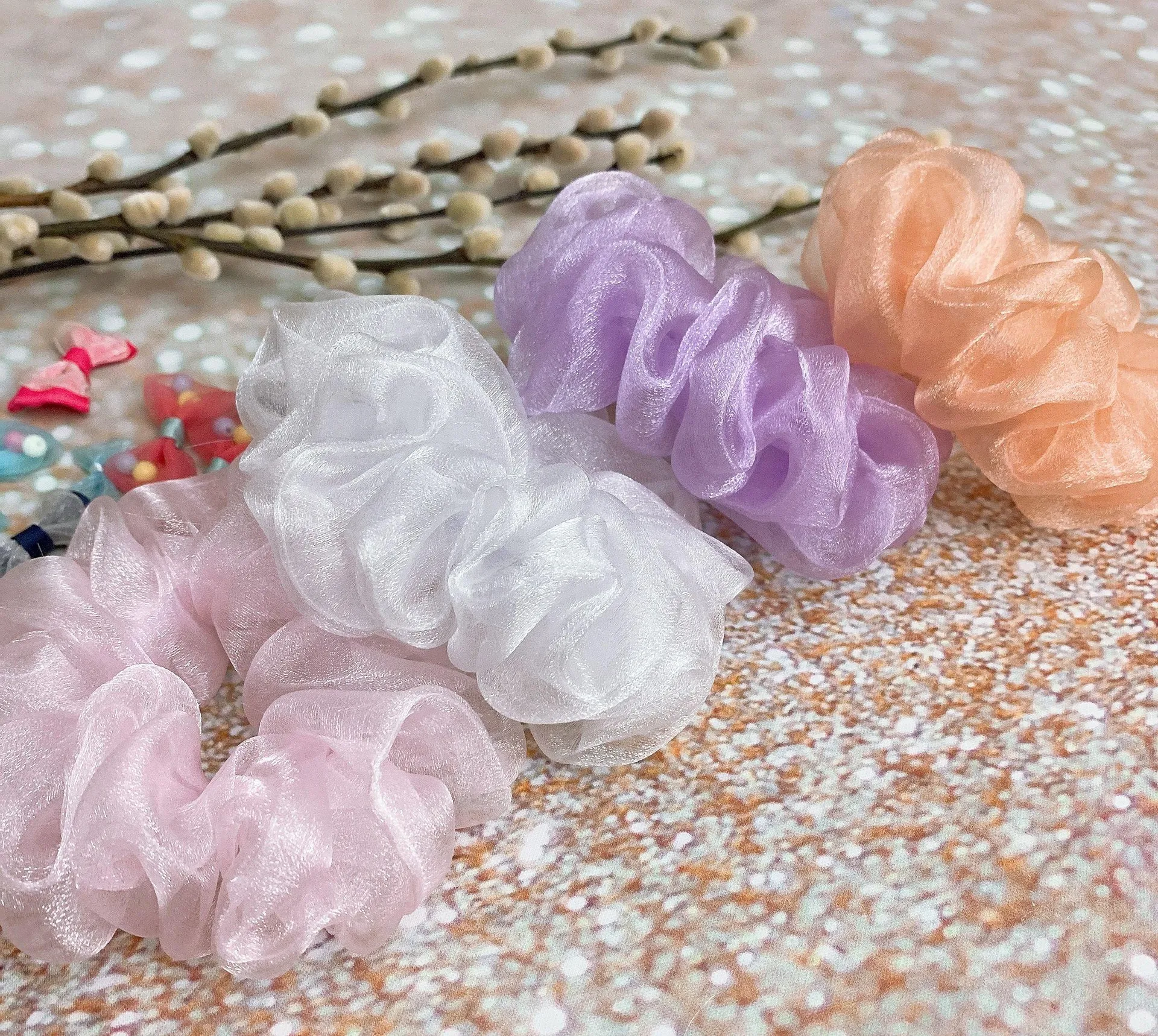 Peach Crystal Organza Scrunchie Orange - Image 6