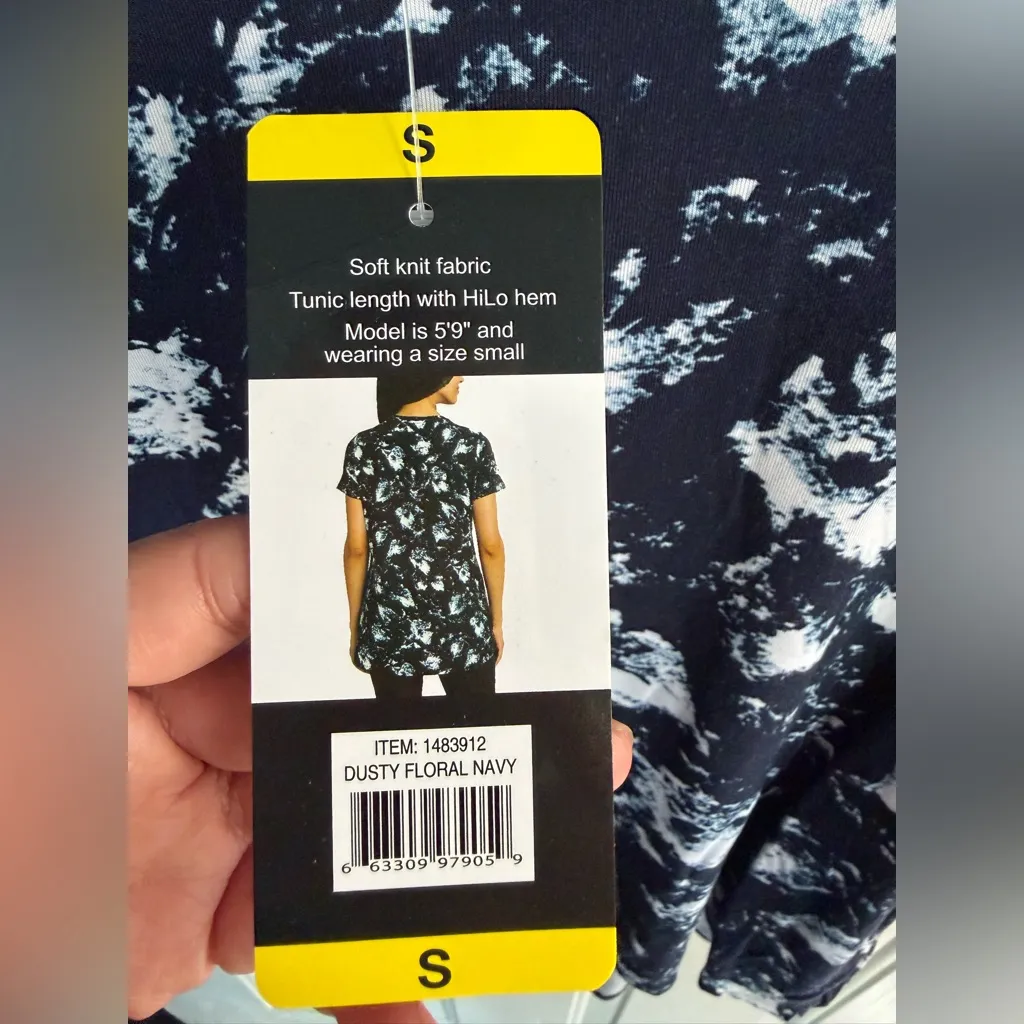 ELLEN TRACY Dusty Floral Navy Hi-Lo Tunic/blouse Soft Knit Short Sleeve ≠SIZE S - Image 5