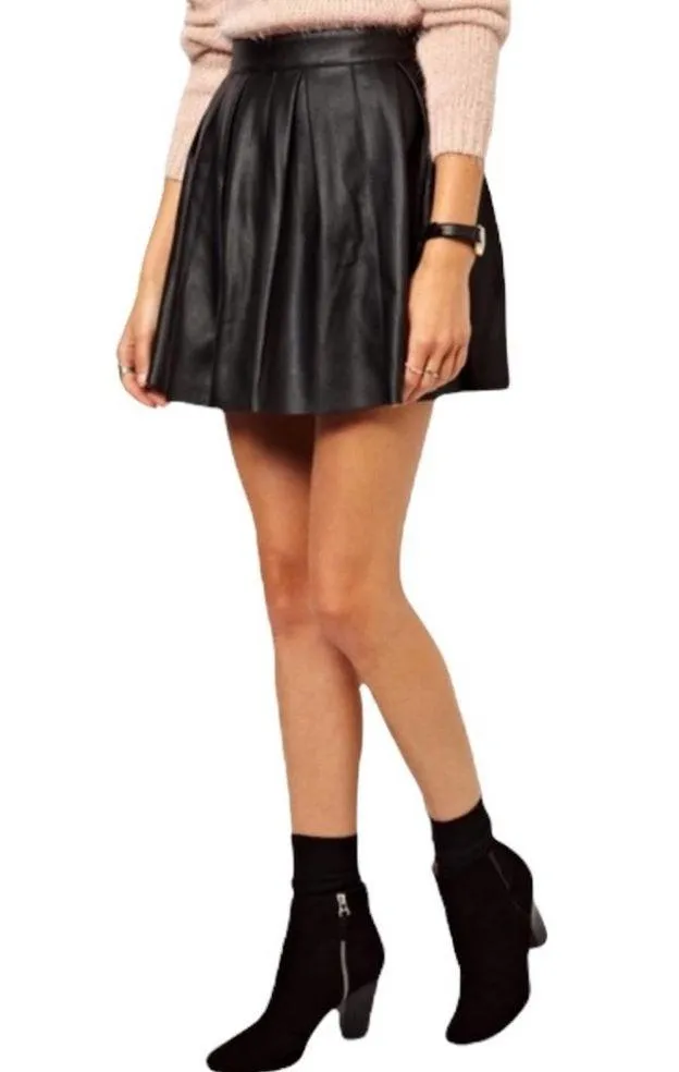ASOS Faux Leather Pleated Black Mini Skater Skirt Size 2 - Image 2