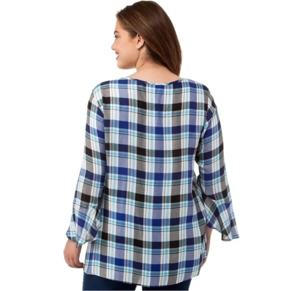STATUS BY CHENAULT 2X Blue Plaid Henley Top Ruffle Sleeve - Image 3