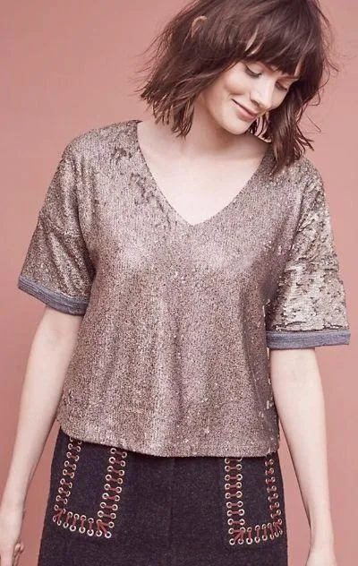 ANTHRO Deletta Reversible Sequin Burnished Gold Top $98 EUC M Rare HTF - Image 7