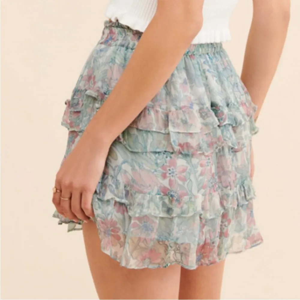 LOVESHACKFANCY Benicia Flutter Mini Skirt in Mystical Foliage Blue Size S $295 - Image 4