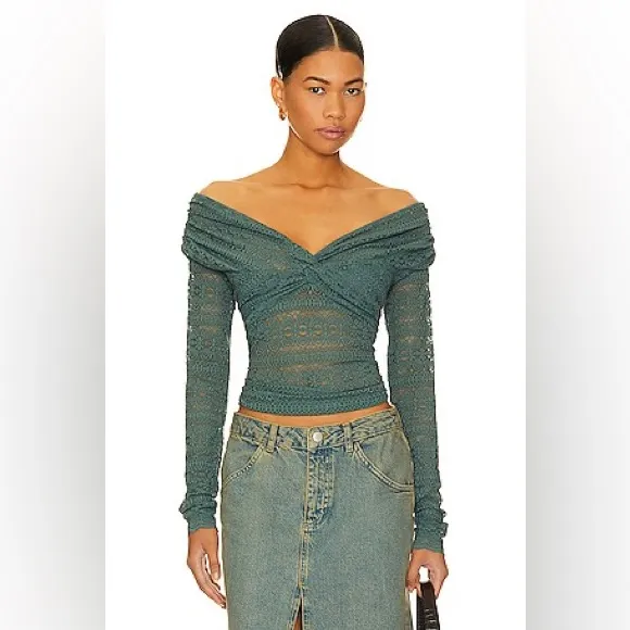 Free People Hold Me Closer Sage Green Lace Long Sleeve Top - Image 7