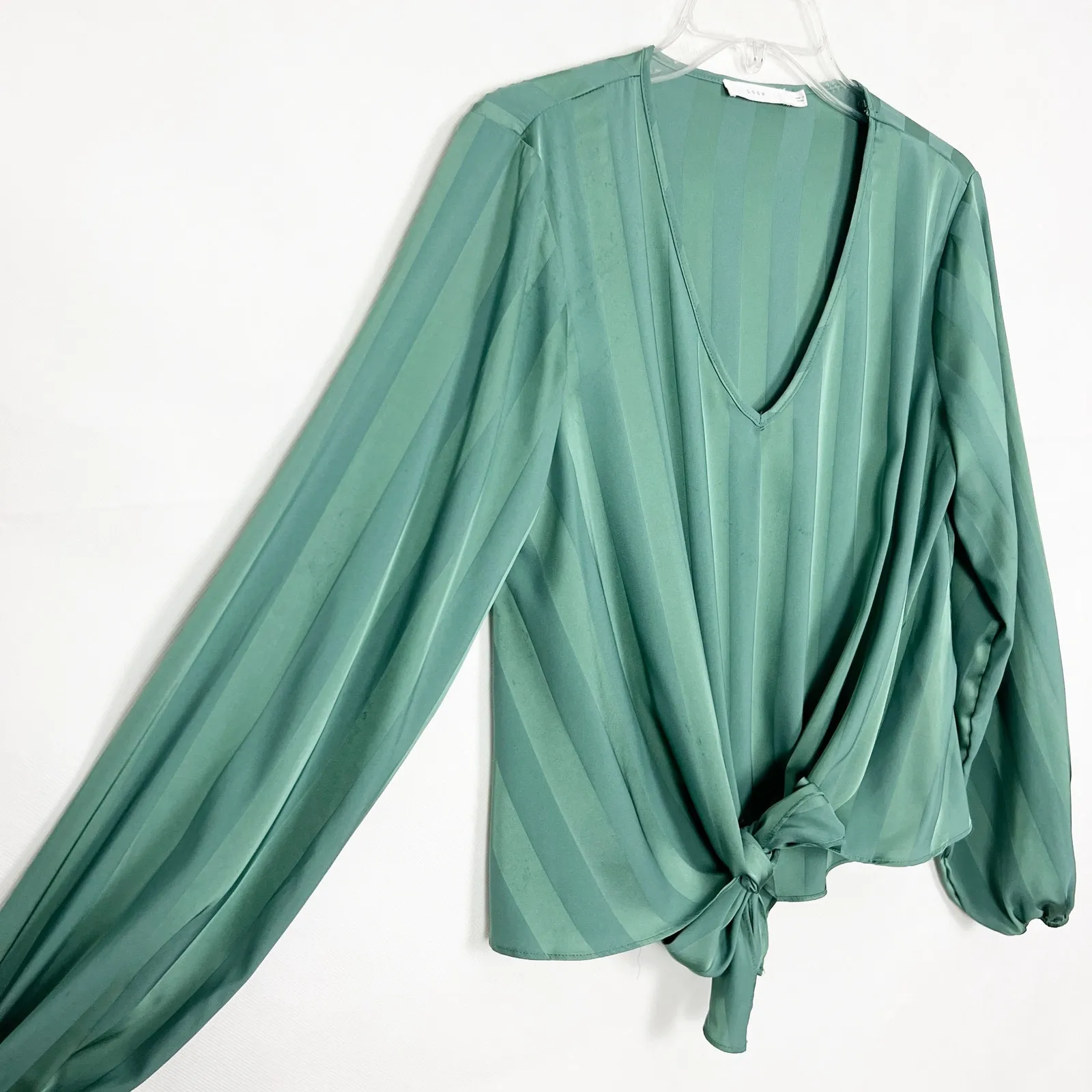 Lush Balloon Sleeves Tie-Front Striped Green Top XS - Image 3
