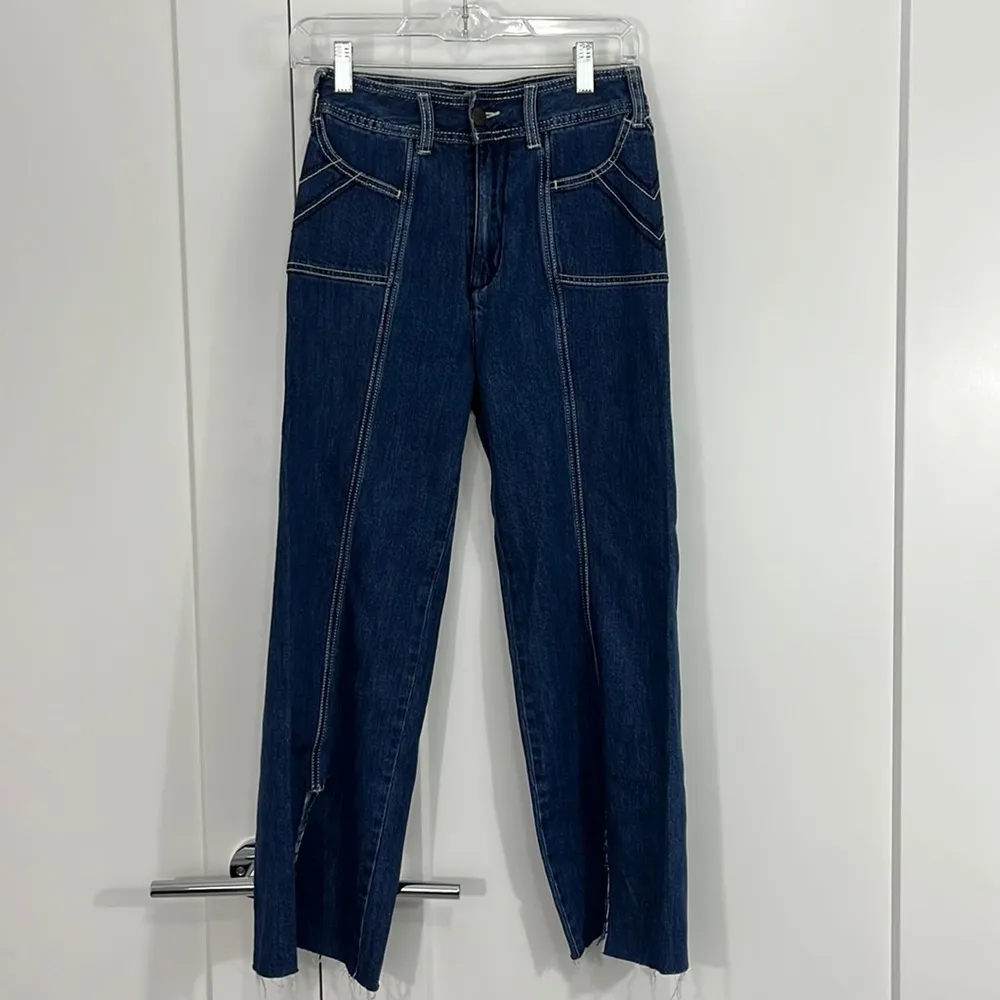 Free People Size 25 Blue Split Hem Straight Jeans with Contrasting Stitching - Image 2