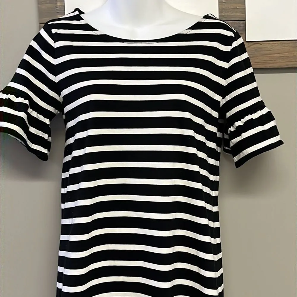 J. Crew Black & White Striped T- Shirt Dress w/ Ruffled Puff Sleeves- Small - Image 2
