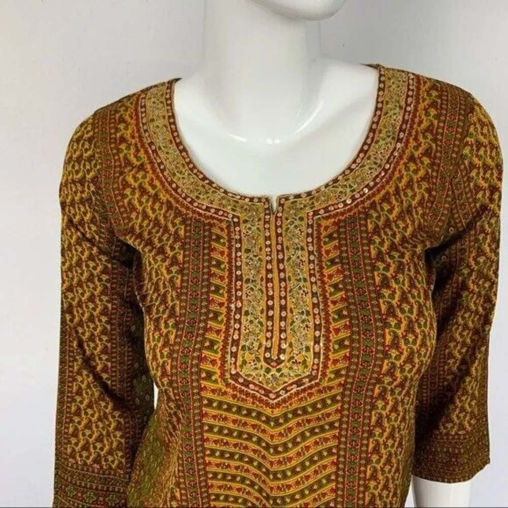 Kashish XS Boho Ethnic Print Tunic Top 3/4 Sleeve Festival Hippie Peasant Blouse Orange - Image 2