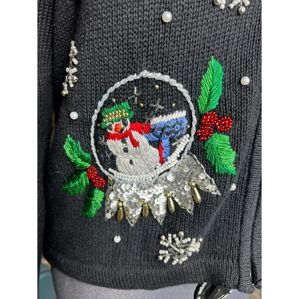 Christmas cardigan sweater snow globe embroidered beaded fuzzy collar Black Size M - Image 4