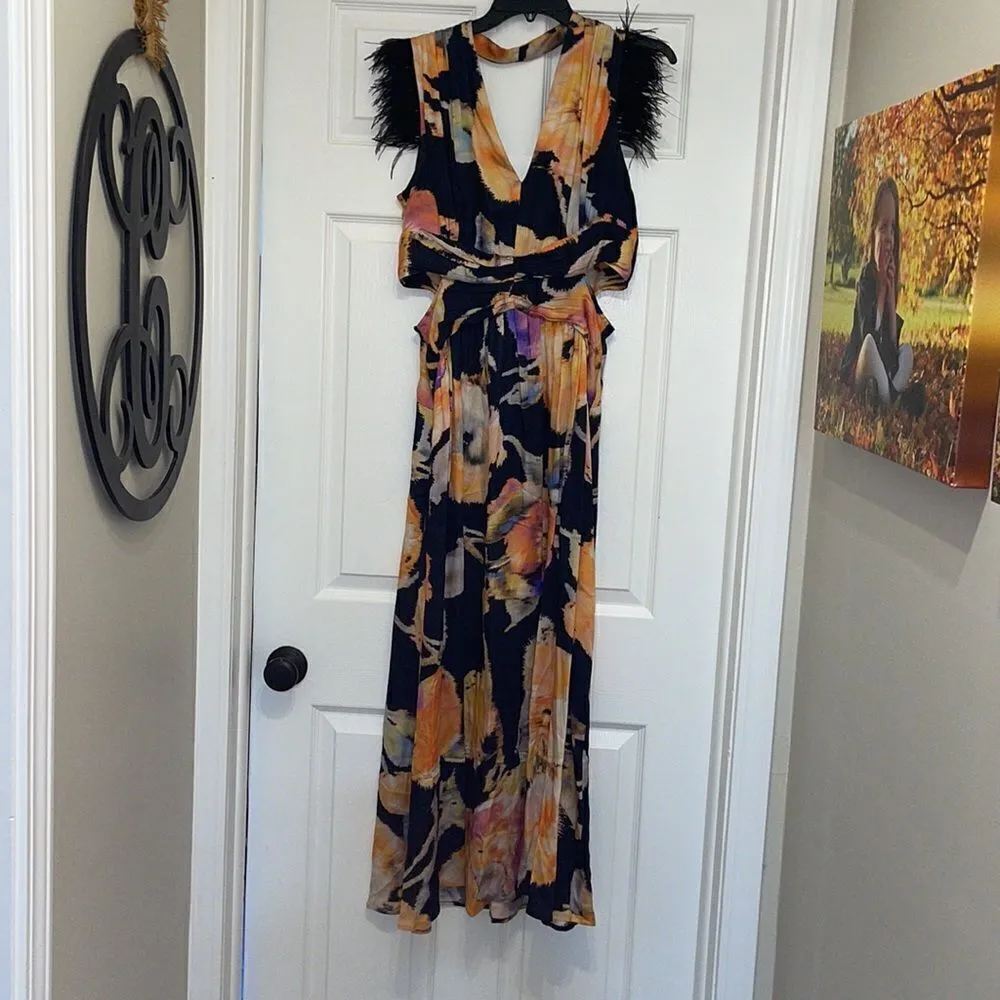Ranna Gill Anthropologie Watercolor Floral Feather Maxi Dress with Cut Outs Black Size M - Image 2