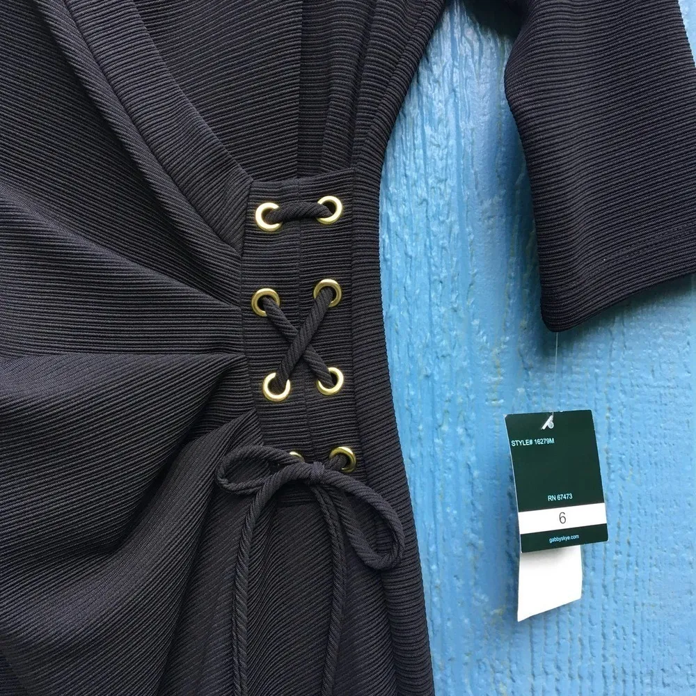 Gabby Skye Women's Black Textured Pinstripes Eyelet Tie Dress Size 6 NWT - Image 3