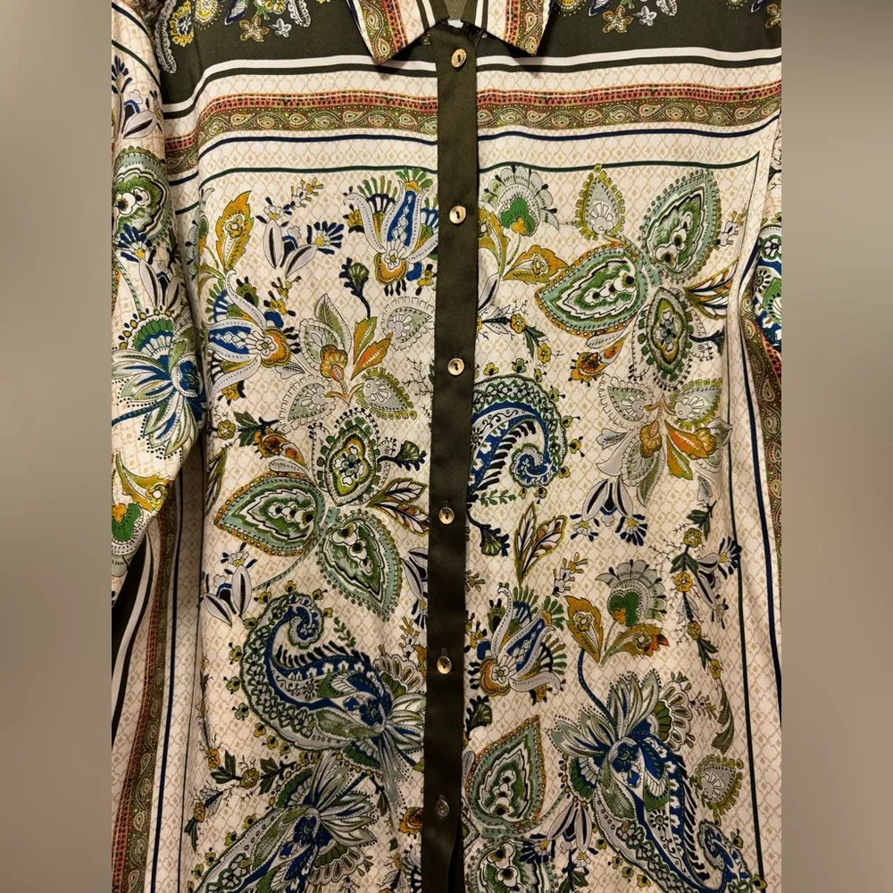 Zara Paisley Scarf Print Multicolor Satin Button Down Size XL - Image 2