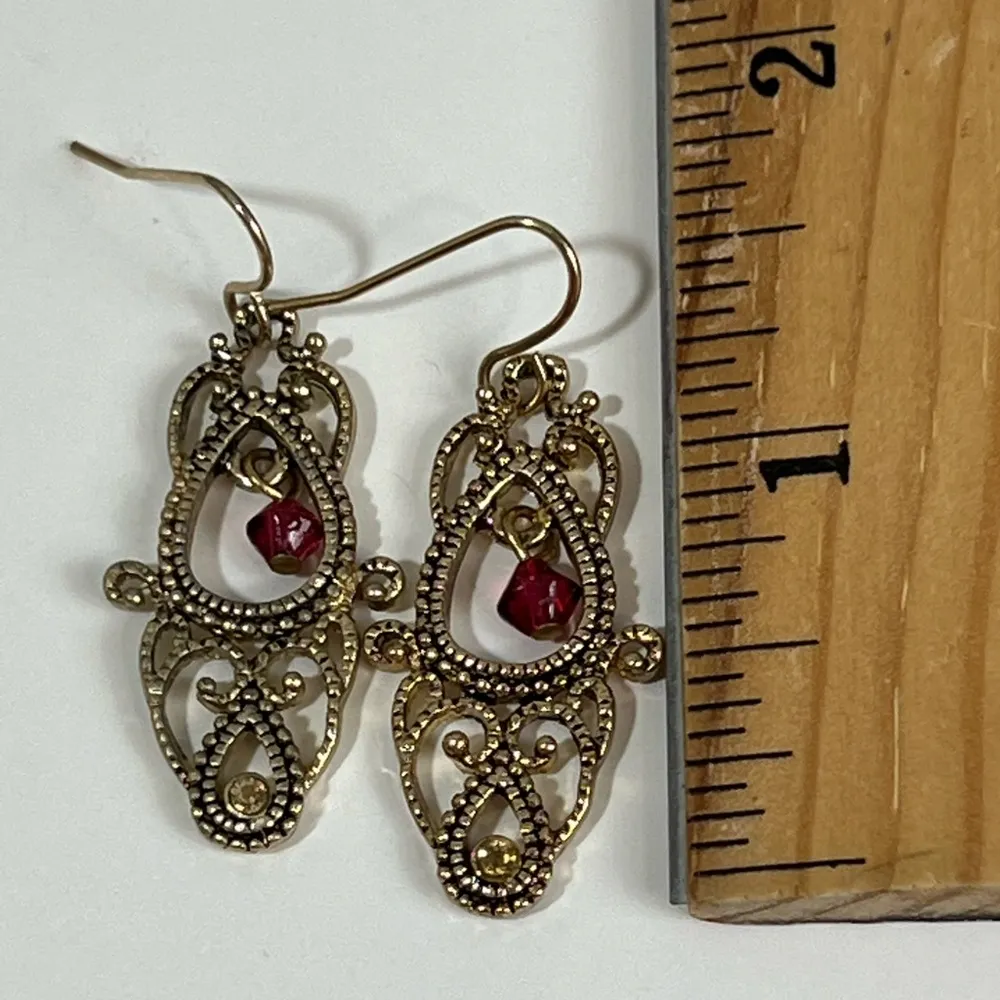 Ruby Gold Tone Dangle Pierced Earrings With  Red Bead Accents - Image 2
