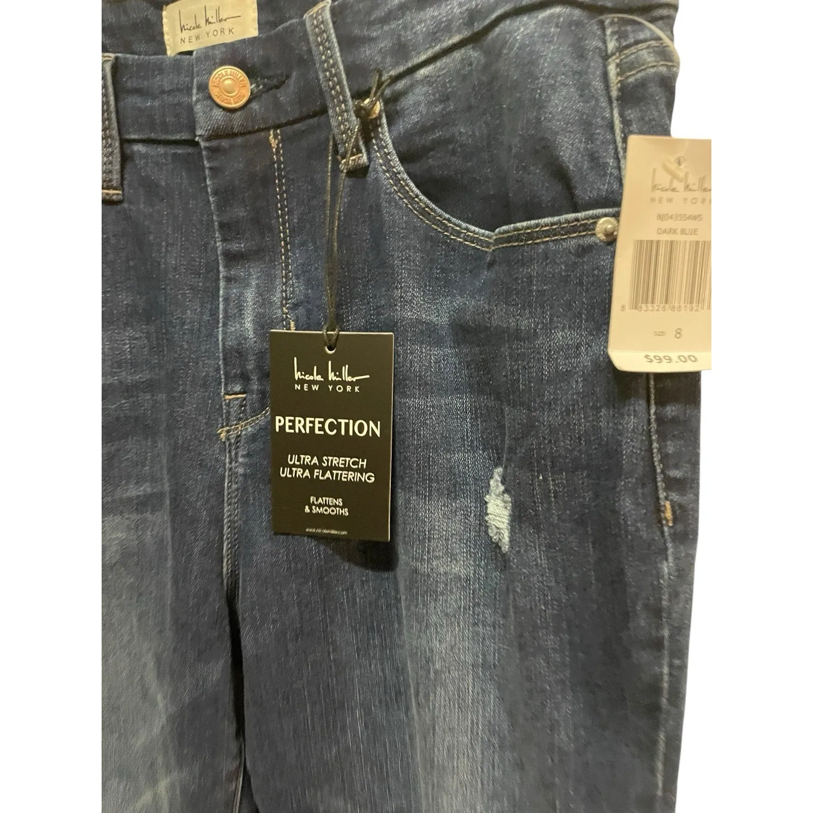 Nicole Miller NY Perfection Skinny Jeans Womens 8 Dark Wash Distressed NWT - Image 3