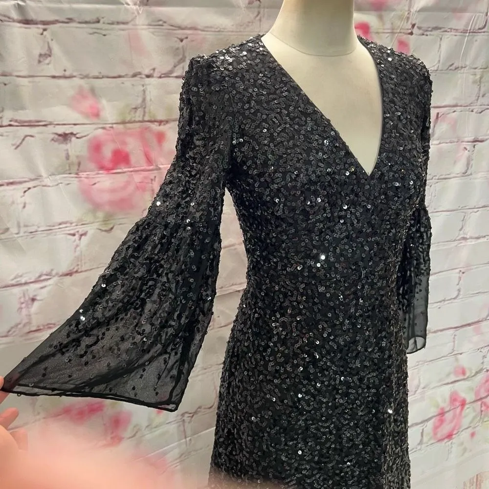 French Connection Women's Cellienne Sequin Bell Sleeve Laced Mini Black Dress 4 - Image 5