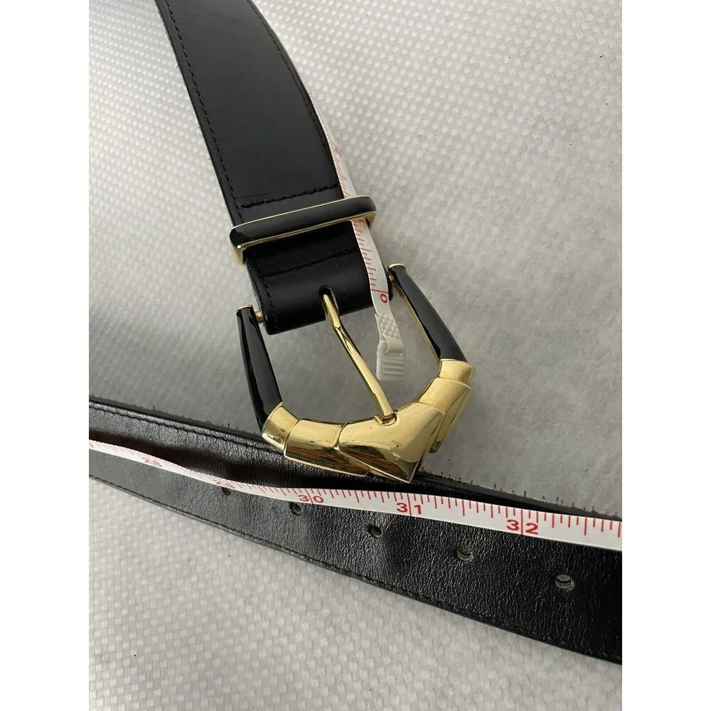 St. John Knits Classic Black Leather Statement Belt Gold & Black Buckle Size 8 - Image 10