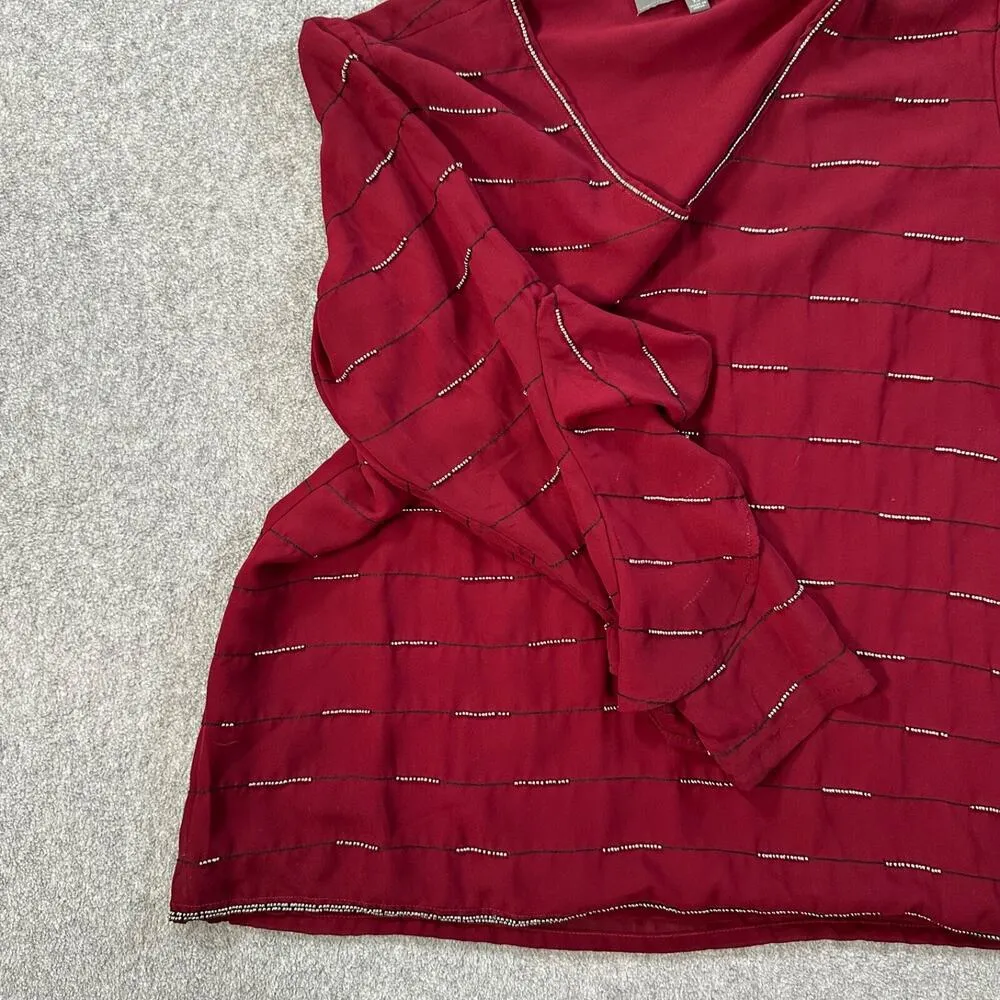 Michael Stars Burgundy Beaded V-Neck Blouse Women's XS Sheer Ruffle Sleeve Top - Image 5