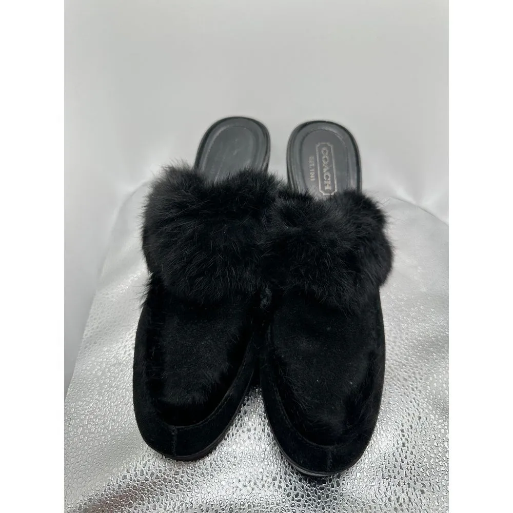COACH Kaela Black Suede Rabbit Fur Slip On Clogs Mules With Wedge Heels - US 9 - Image 3