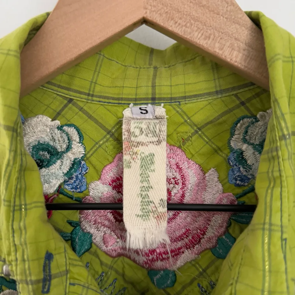 Johnny Was Small Rodeo Rose Embroid Western Shirt Green Plaid Studded Country - Image 3