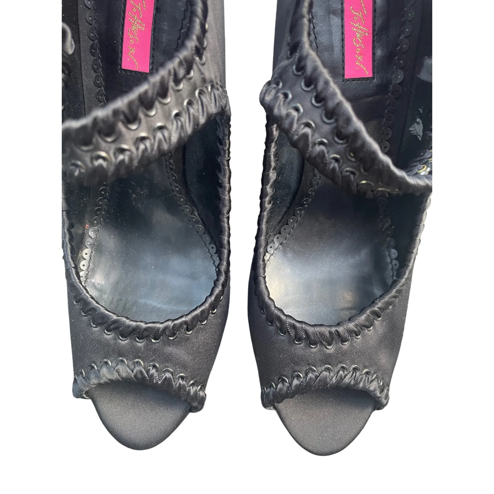 Betsey Johnson Black Satin‎ Heels Peep Toe Bow Tie Stiletto Pumps Size 10M - Image 3