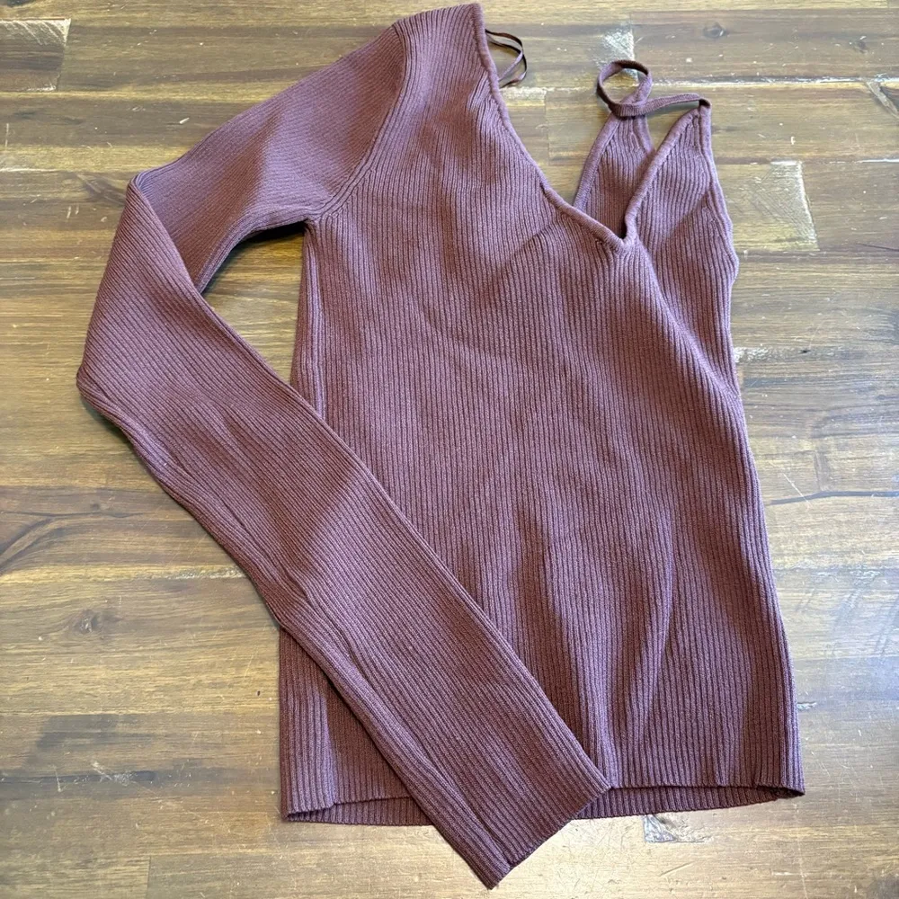Zara Ribbed Cold Shoulder Tank Top Long Sleeve Brown Chocolate Small V Neck - Image 5