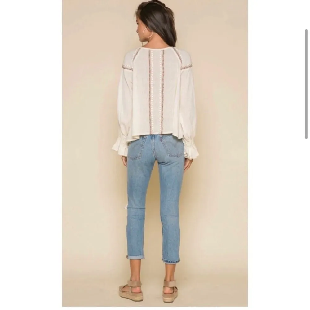 RAGA Lyra Cream Open Tassle Tie Front Ling Sleeve Embroidered Size Small - Image 2