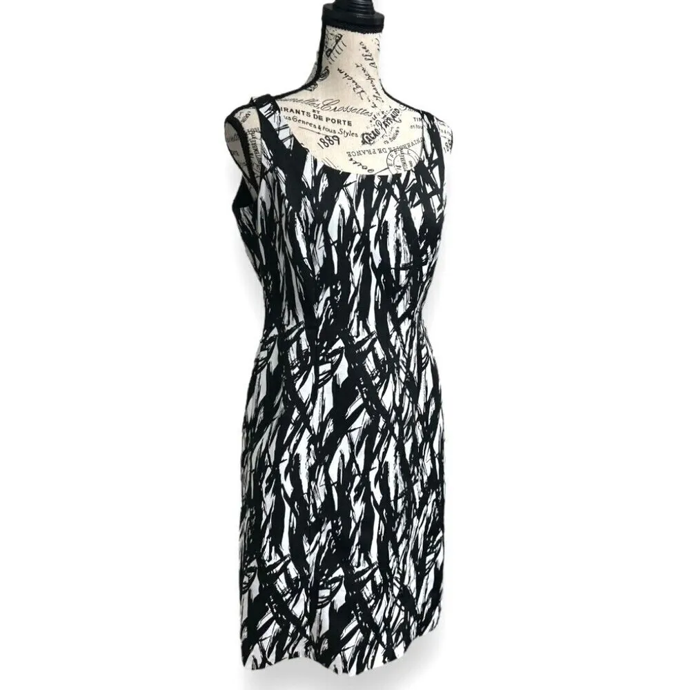 Tahari Black White Abstract Print Sleeveless Sheath Midi Dress Work Office 4P - Image 3