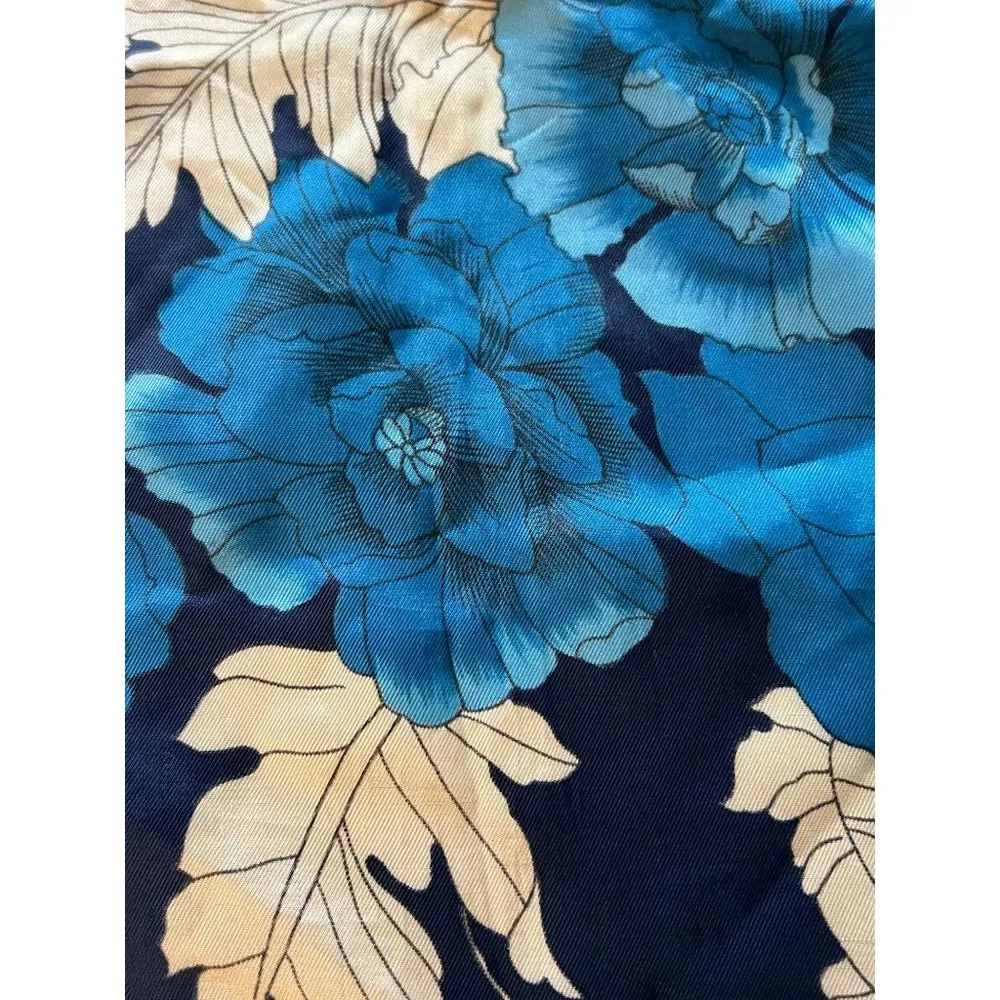 Vintage Blue Ivory Scarf Blue Flowers Hand Sewn Rolled Hem 26" x 26" - Image 2