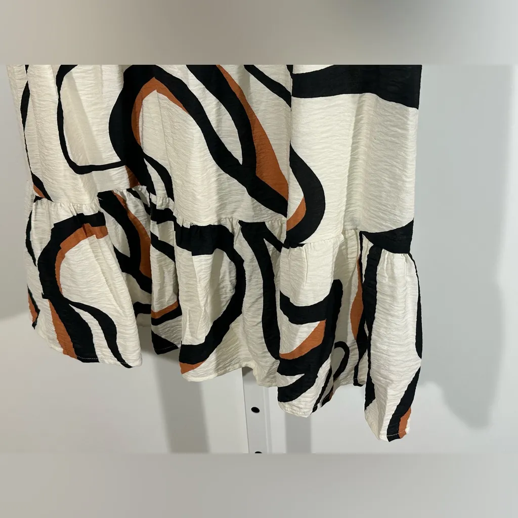 Nine West Abstract Print Puff Sleeve Mini Dress – Cream, Black & Rust, Size L - Image 2