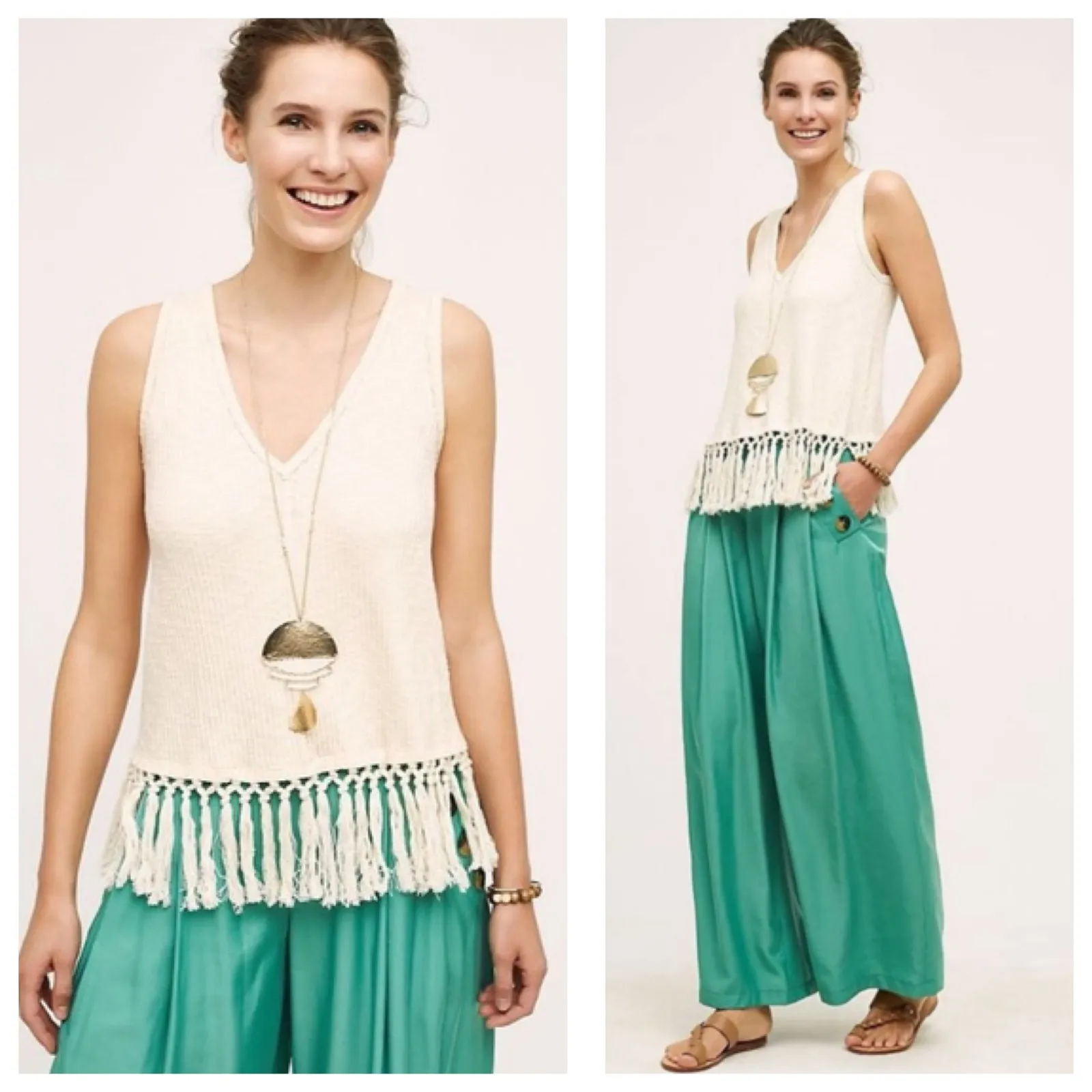 Anthropologie Eri + Ali Cream Ribbed Knit Fringe Tank Top Medium Loose Tunic - Image 2