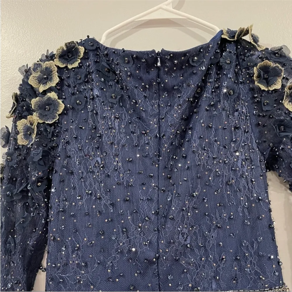 Mac Duggal 67809 Lace Floral Low V-neck Cocktail Midi Dress Gown Midnight 4 - Image 8