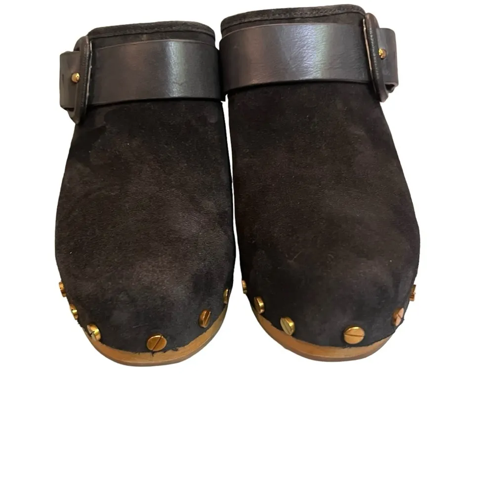 NWOT, Veronica Beard Dacey Black Suede Wooden Platform Clog, Gold Studs, Sz 6.5 - Image 9