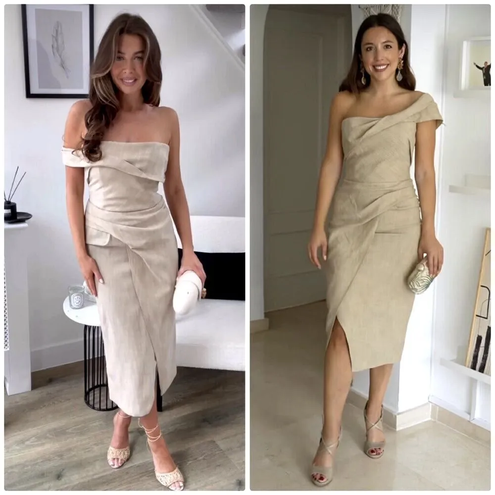 Zara Midi Slip Dress Womens Small Asymmetrical Taupe Neutral Sheath 3265/332 - Image 8