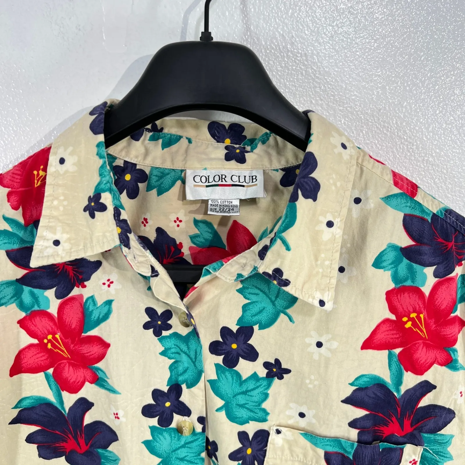 Color Club Floral Hawaiian Shirt Tropical Print Button Up Vacation Size 22/24 Tan - Image 8