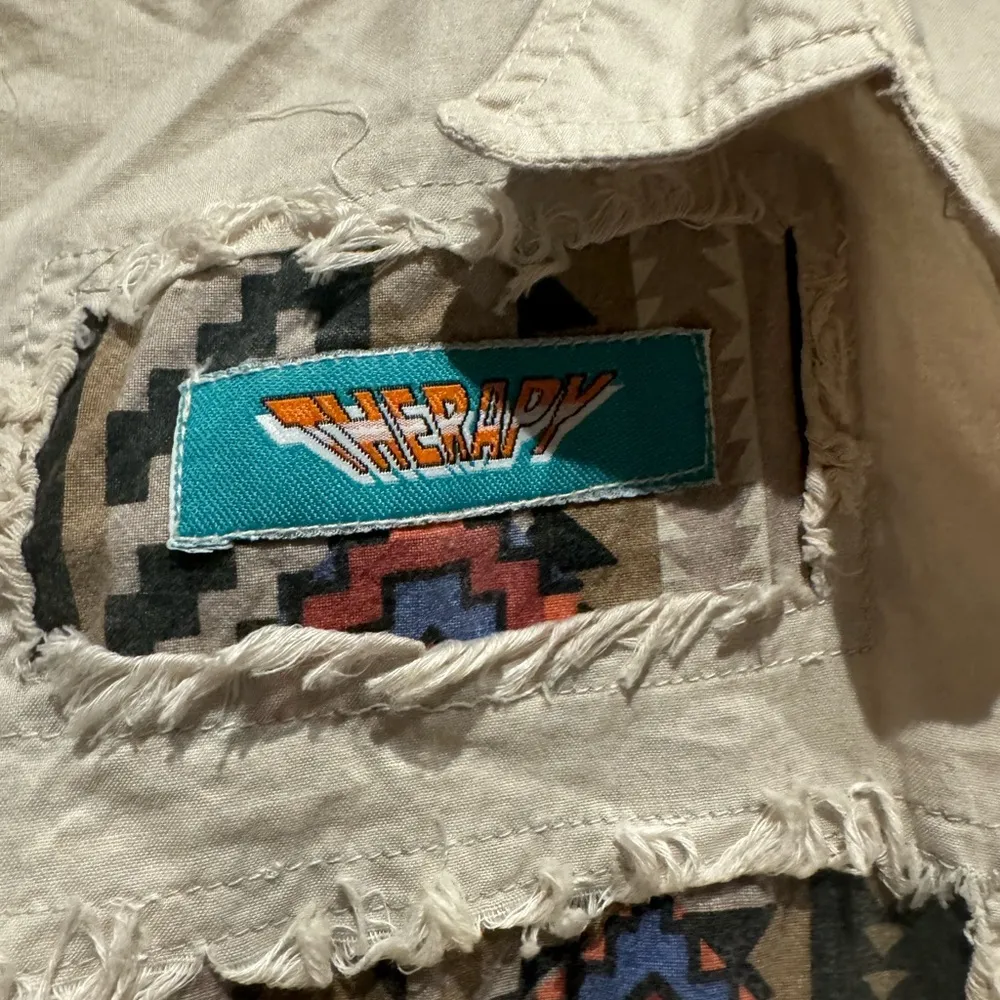 Therapy sleeveless button down with tribal accents and frayed arm holes size med - Image 2