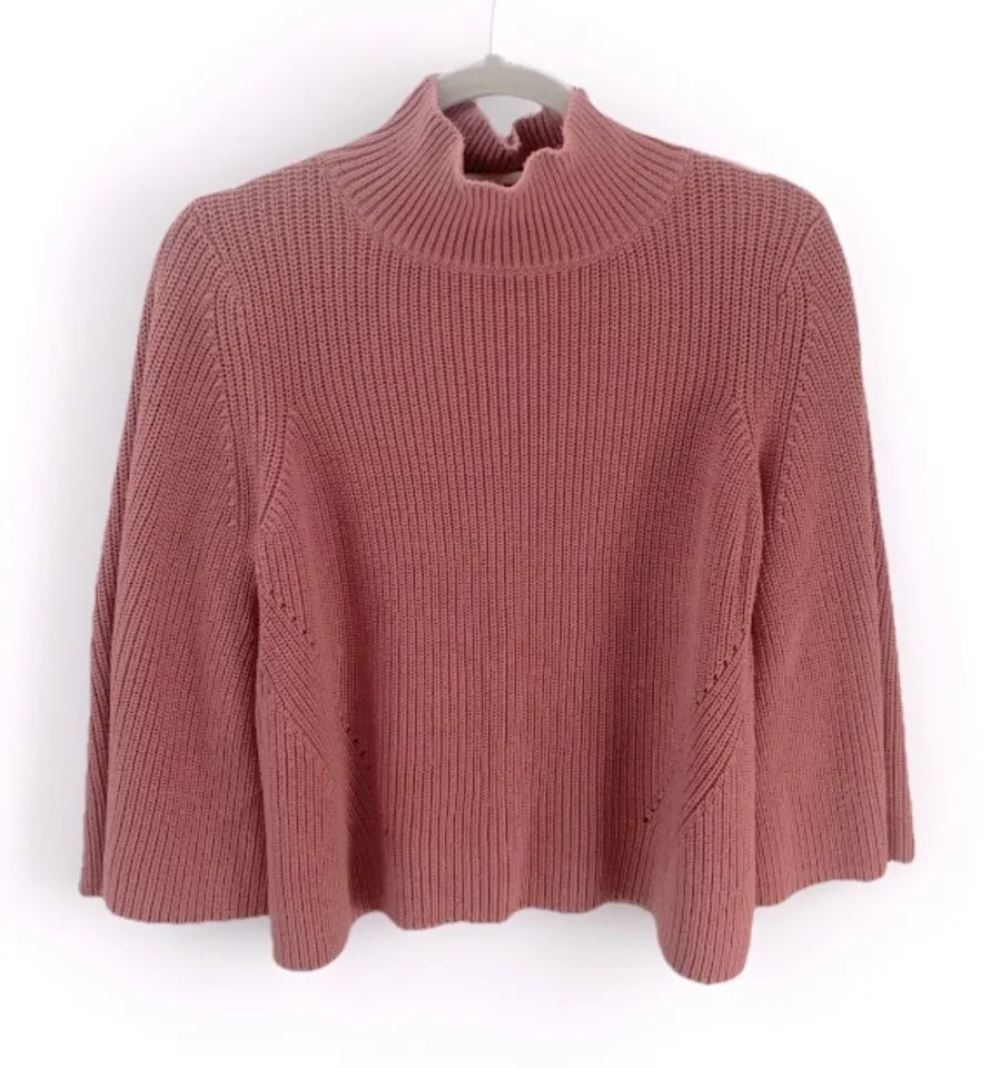525 AMERICA Mock Neck Bell Sleeve Ribbed Knit Sweater M Medium Salmon Pink Cozy - Image 2