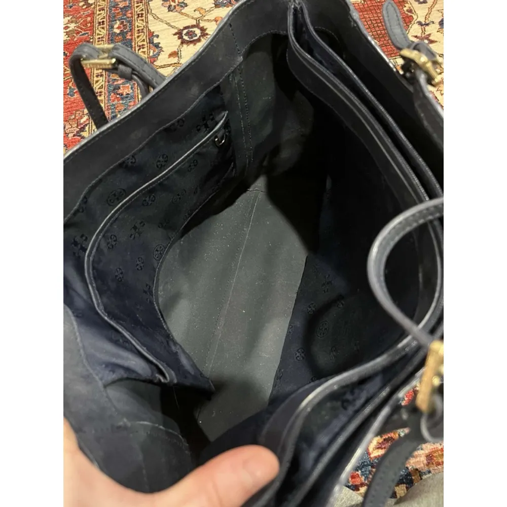 Tory Burch Large Saffiano Leather Buckle Tote Bag Purse in Navy FLAW - Image 7