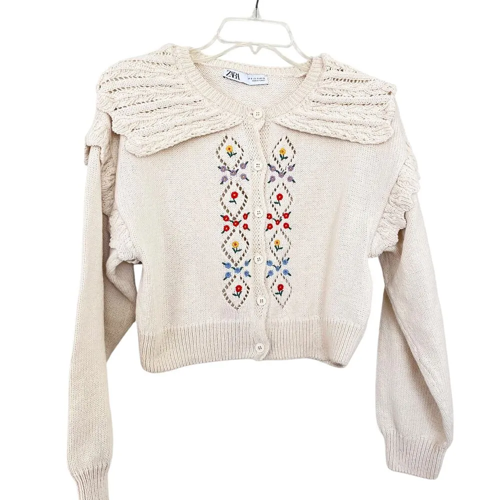 Zara Cream Floral Embroidered Eyelet Collar Frill Sleeve Cardigan Sweater Size S - Image 2