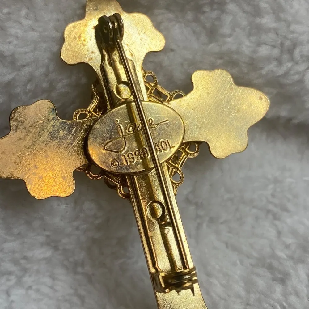 Vintage Gold Color Fleur De Lis Cross Pin Brooch Jane 1998 AOL Center Rhinestone - Image 8