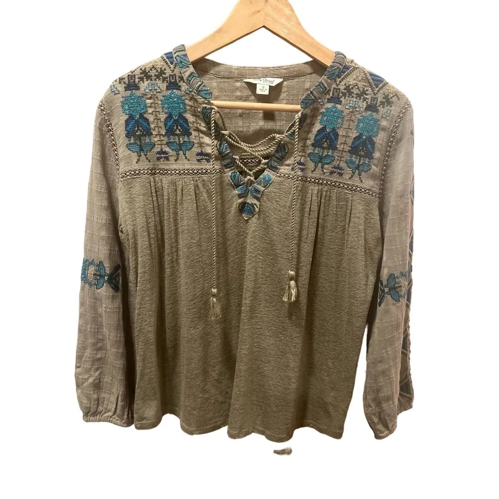 Women’s Lucky Brand Boho Lace Up Embroidered Tunic Blouse Small Green Ta… - Image 3