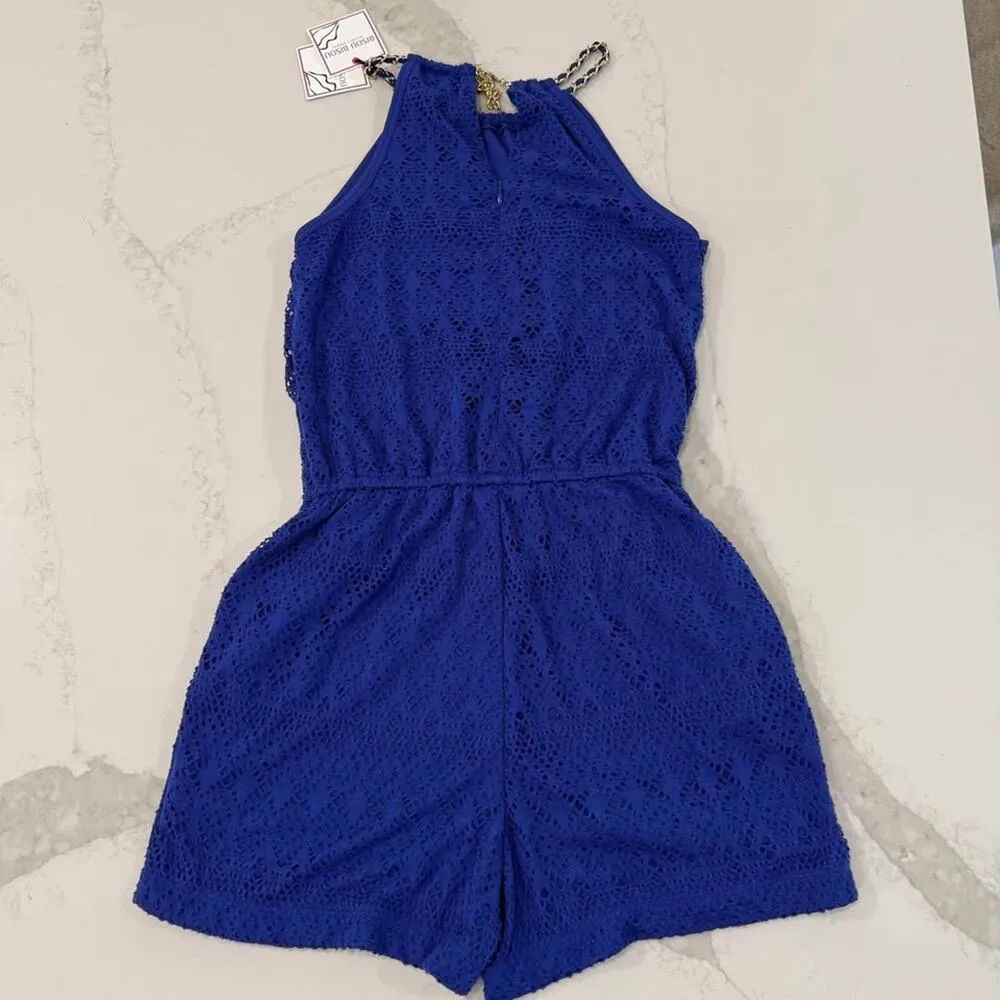 Bisou Bisou NWT Royal Blue Crochet HighNeck Gold Chain Romper Womens Size Medium - Image 6
