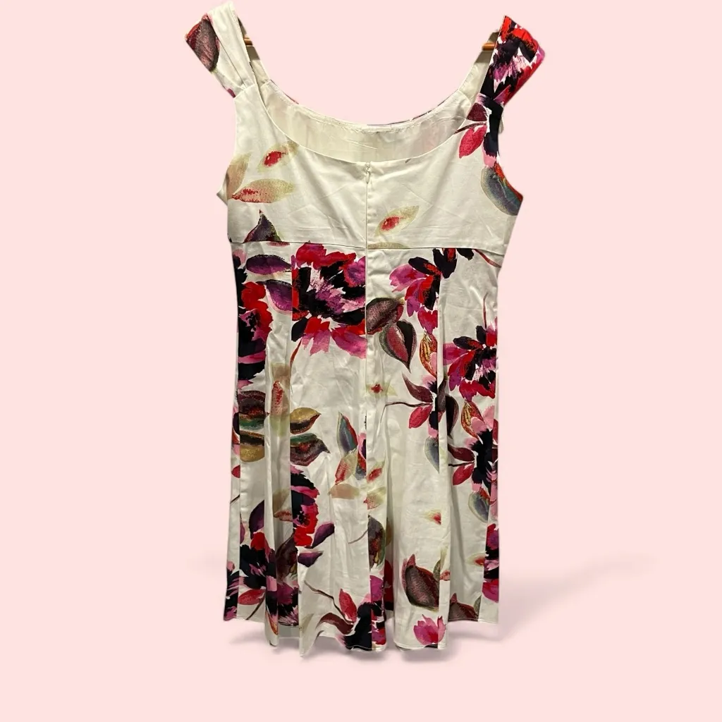 Cute creamy floral dress pleated wide strap sleeveless u back midi stretch - Image 2