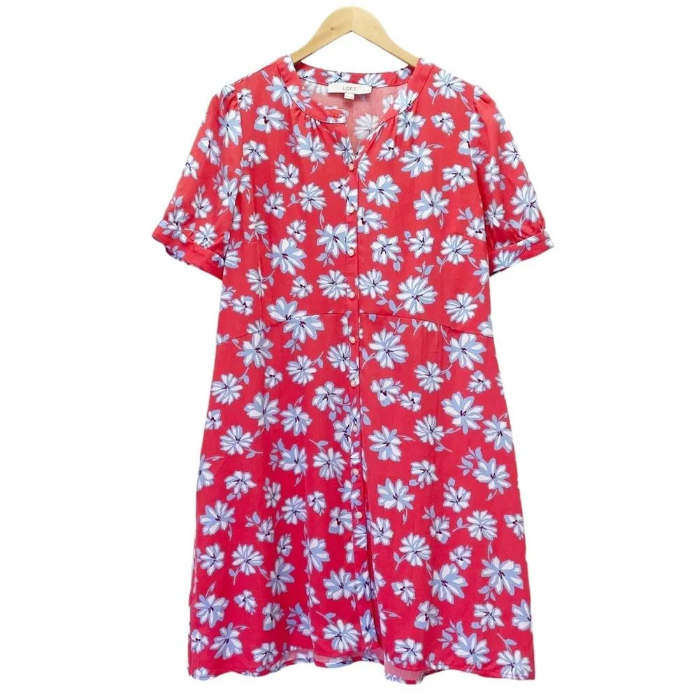 LOFT Floral Flare Retro Shirt Dress Coral Red Blue White Size 14P | 14 Petite - Image 2