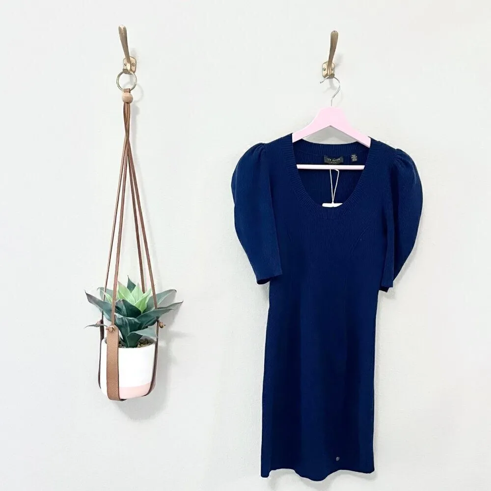 NWT Ted Baker Dollra Navy Scoopneck Ribbed Bodycon Knit Dress Size 2 - Image 3