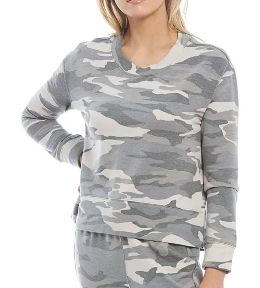 Splendid Long Sleeve Banded Hem Camo Print Jewel Neck Pullover, Size XXS‌‌‌ - Image 1