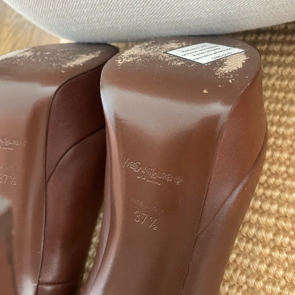 Yves Saint Laurent Leather Peep Toe Heels Brown Size 7.5 - Image 11