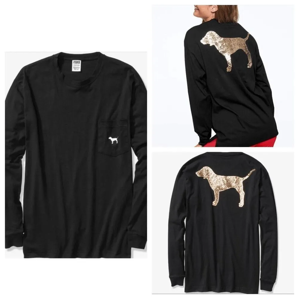 PINK Victorias Secret Black Silver Dog Sequin Bling Campus Top Large - Image 6