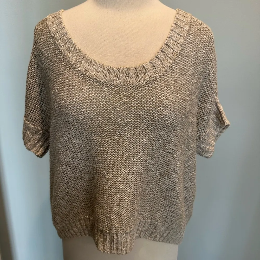 Alice &  Olivia linen blend oversized metallic beige short sleeve sweater M/L - Image 2