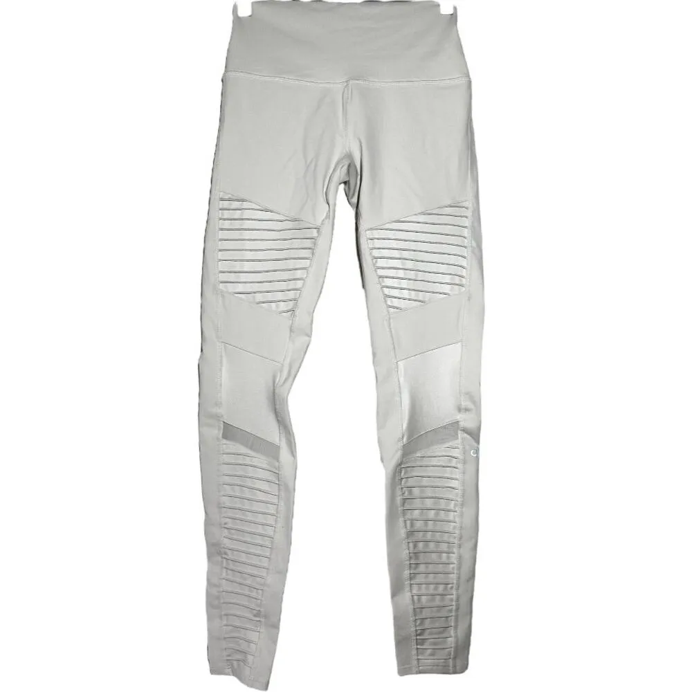 Alo Yoga 7/8 High Waist Moto Leggings Mesh Pleated Elastic Waist White Small - Image 2